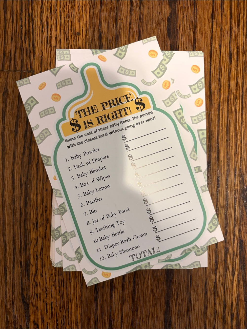 Baby Shower Game Cards - The Price Is Right (Green & Yellow)